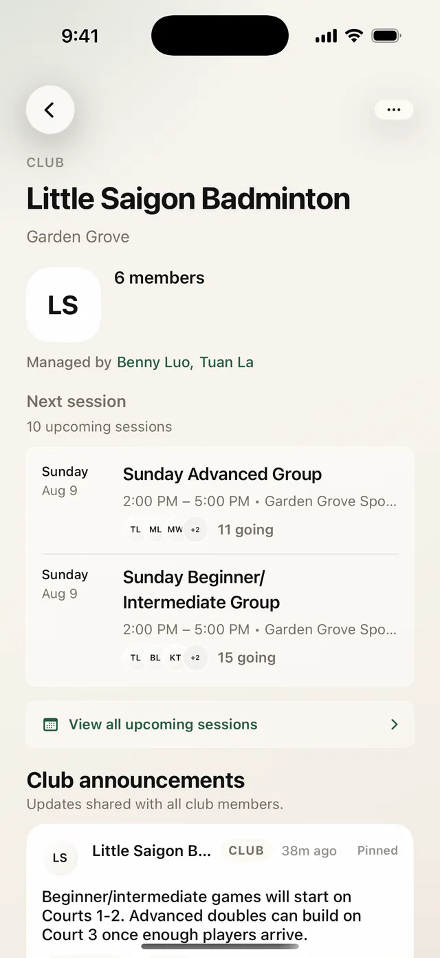A Shuttlers club page with members, an announcement, and a schedule of upcoming sessions