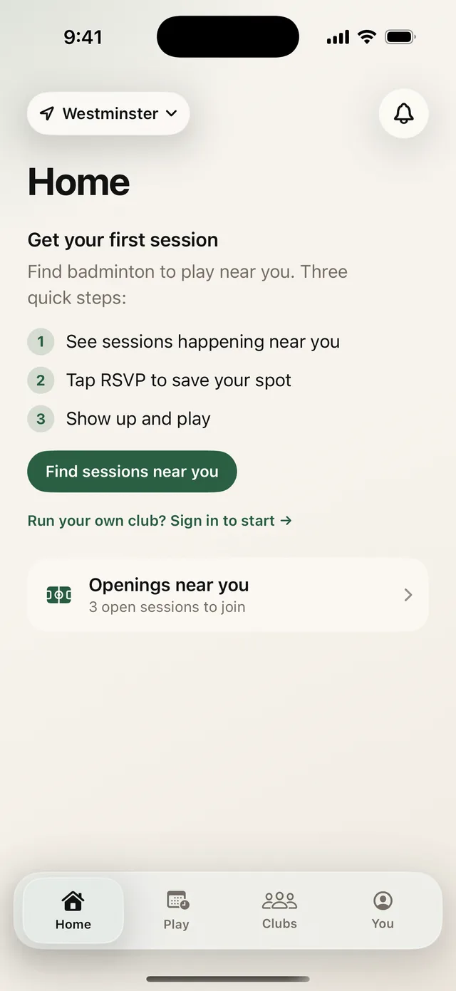 Shuttlers home screen showing three steps to get your first game and open sessions nearby