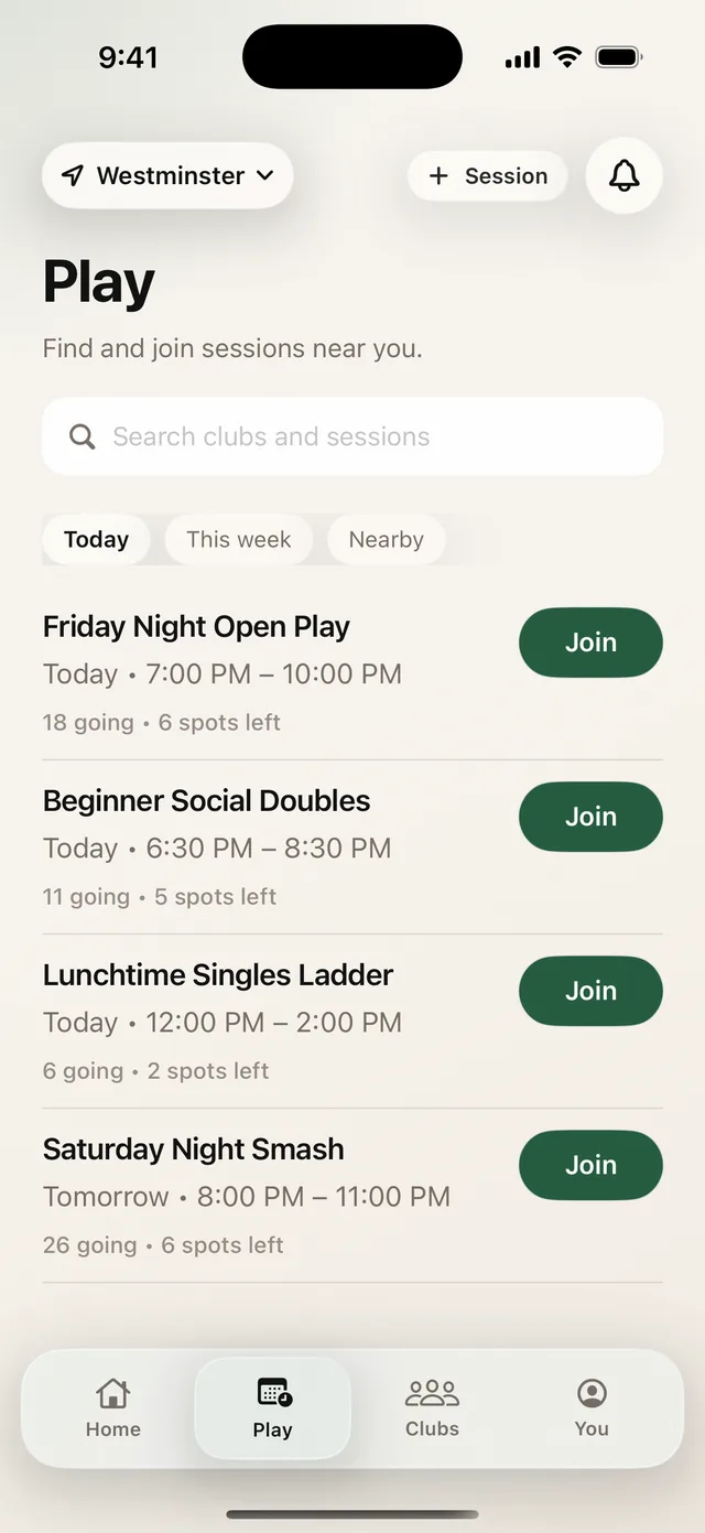 Shuttlers Play tab listing badminton sessions this week with a Join button on each